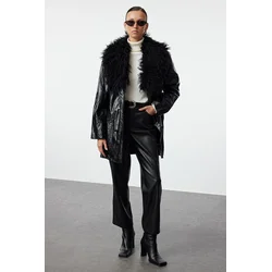 Trendyol Black Oversize Molded Collar Faux Leather Jacket Coat with Fur Detail