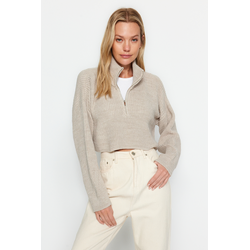 Trendyol Stone Super Crop Zippered Knitwear Sweater