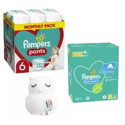 Pampers Pelene Pants 6, Monthly, 15+kg, 132/1+ Pampers Vlažne maramice Fresh clean, 15x80 komada+Lumipets Noćna lampa Sova