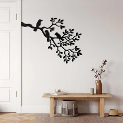 WallXpert metalni zidni ukras 5202, grana sa listovima i tri ptice, 75 x 55 cm, crni