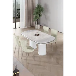 Hanah Home trpezarijski set Galya, sto i 4 stolice, ploča u dekoru belog mermera, hromirane noge, krem tkanina Babyface