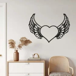 WallXpert metalni zidni ukras 5006, srce sa anđeoskim krilima, 45 x 32 cm, crni