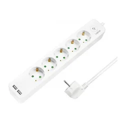 LOGILINK Produžni kabl 5 mesta, 2 USB, prekidač 1,5m, beli