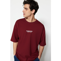 Trendyol Burgundy Oversize/Wide-Fit 100% Cotton Minimal Text Printed T-Shirt