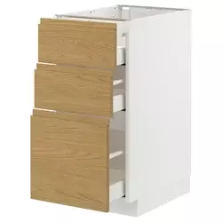 METOD / MAXIMERA Podni element s 3 fioke, bela/Voxtorp im. hrastovine, 40x60 cm