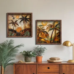WallXpert set uramljenih MDF slika DOS081-70, palme i sunce u toplim zemljanim tonovima, 2 x 70 x 70 cm