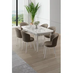 HANAH HOME Rasklopivi trpezarijski sto i stolice (7 delova) Asfel White Marble Cappuccino