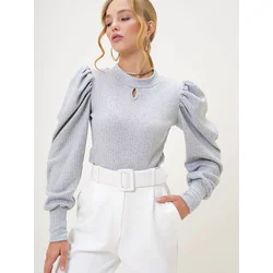 Trend Alaçati Stili Womens Gray Crew Neck Drop Neck Princess Sleeve Knitwear Blouse