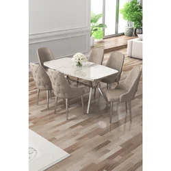 Hanah Home trpezarijski set Asel, sto i 6 stolica, ploča u dekoru belog mermera, hromirane noge, kapućino tkanina Babyface