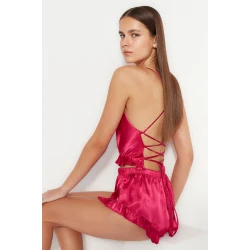 Trendyol Fuchsia Ruffle and Back Rope Strap Satin Woven Pajama Set