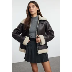 Trendyol Dark Brown Regular Collar Belt Detailed Plush Faux Leather Biker Jacket Coat