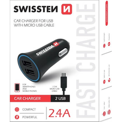 SWISSTEN Auto Punjač 2.4A 2xUSB Micro (Crna)