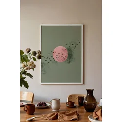 WallXpert uramljena slika 115234, ružičasto sunce i jato ptica na maslinastozelenoj pozadini, 50 x 70 cm, beli ram