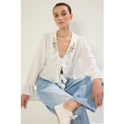 Trendyol White Collar with Embroidery and Ruffle Detail Front Tie Regular Fit Woven Shirt