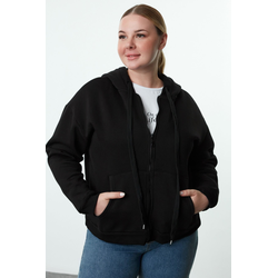 Trendyol Curve Black Hooded Plus Size Knitted Sweatshirt with Fleece Inside and Zipper on the Front