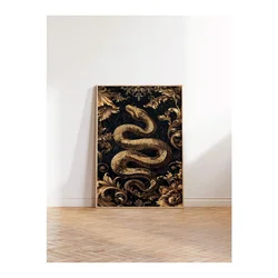 WallXpert uramljena slika 115249, zlatna zmija sa baroknim ornamentima na crnoj pozadini, 30 x 40 cm, ram u boji prirodnog drveta