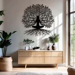 WallXpert metalni zidni ukras DCV-1081-MT, silueta u meditaciji ispred drveta života, 80 x 80 cm, crni