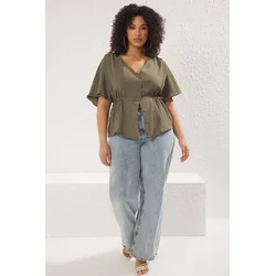 Trendyol Curve Khaki Woven V Neck Tied Blouse