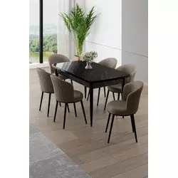 HANAH HOME Rasklopivi trpezarijski sto i stolice (7 delova) Asfel Black Marble Cappuccino