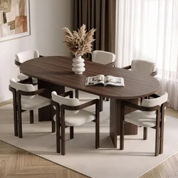 Hanah Home trpezarijski set Aleria, ovalni sto i 6 stolica sa rukonaslonima, orah Milano i tamni orah, bela šenil tkanina