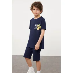 Trendyol Navy Blue Boy Printed Short Sleeve T-shirt Shorts Knitted Set Bottom-Top Set
