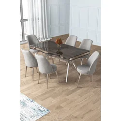 Hanah Home trpezarijski set Prah, sto i 6 stolica, antracit ploča Irony, hromirane noge, siva tkanina Babyface