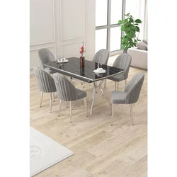 Hanah Home trpezarijski set Sim, sto na razvlačenje i 6 stolica, ploča u dekoru crnog mermera, hromirane noge, siva tkanina Babyface