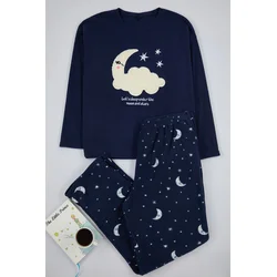 Trendyol Curve Navy Blue Galaxy Patterned Fleece Knitted Pajama Set