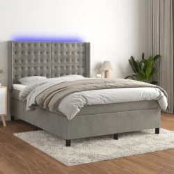Vidaxl Box spring postelja z vzmetnico LED sv. siva 140x190 cm žamet