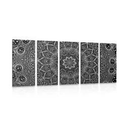 5-delna slika orientalska Mandala v črnobeli izvedbi - 150x75