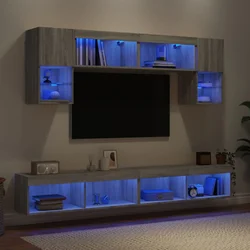 6-dijelni zidni TV elementi s LED svjetlima boja sivog hrasta