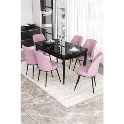 Hanah Home trpezarijski set Via, sto na razvlačenje i 6 stolica, ploča u dekoru crnog mermera, roze tkanina Jerry