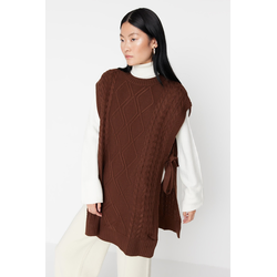 Trendyol Dark Brown Tie Waist Braided Knitwear Sweater