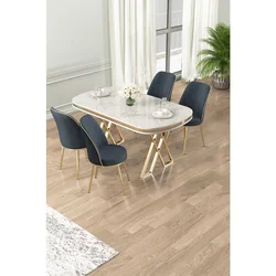 Hanah Home trpezarijski set Lai, sto i 4 stolice, ploča u dekoru belog mermera, zlatne noge, antracit tkanina Babyface