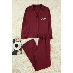 Trendyol Burgundy Cotton Piping and Pocket Detailed Printed Knitted Pajama Set