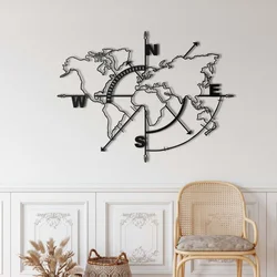 WallXpert metalni zidni ukras 5266, mapa sveta sa ružom kompasa, 98 x 75 cm, crni