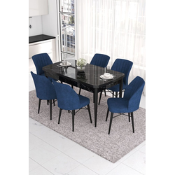 Hanah Home Set Trpezarijski sto i 6 stolica Eva, Plavo-crni