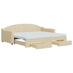 Vidaxl Izvlečna dnevna postelja s predali krem 90x200 cm blago
