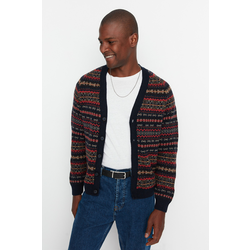 Trendyol Navy Blue Slim Fit V Neck Jacquard Knitwear Cardigan