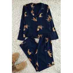 Trendyol Navy Blue Tiger Patterned Viscose Woven Pajama Set