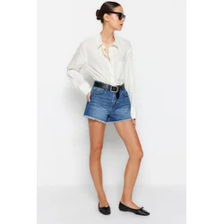 Trendyol Dark Blue Slit Detailed High Waist Denim Shorts