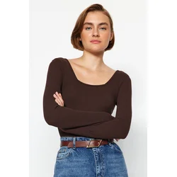 Trendyol Brown Square Collar Long Sleeved Corduroy Stretchy Knitted Bodysuit