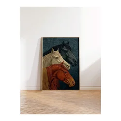 WallXpert uramljena slika 115196, tri konja, crni, beli i riđi, na tamnoplavoj pozadini sa lišćem, 30 x 40 cm, ram u boji prirodnog drveta