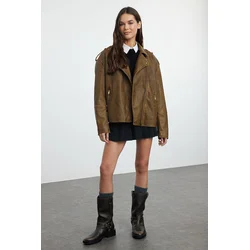 Trendyol Brown Oversize Washed Effect Faux Leather Biker Jacket Coat