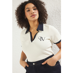 Trendyol Curve Ecru Polo Collar Contrast Color Detail Embroidered Ribbed Knitting Plus Size Blouse