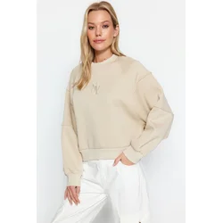 Trendyol Stone Crew Collar Regular Fit Embroidered Fleece Inside Knitted Sweatshirt