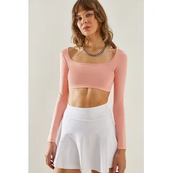 Bianco Lucci Womens Long Sleeve Square Collar Crop Blouse