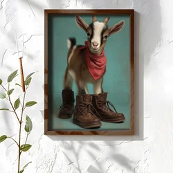 WallXpert uramljena MDF slika NAL038-46, jare sa crvenom maramom u braon cipelama na tirkiznoj pozadini, 35,5 x 47 cm