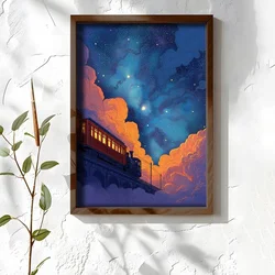 WallXpert uramljena MDF slika NAL151-70, voz na vijaduktu pod zvezdanim nebom, 50 x 70 cm