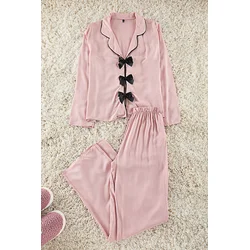 Trendyol Powder Ribbon/Bow and Piping Detailed Viscose Woven Pajama Set